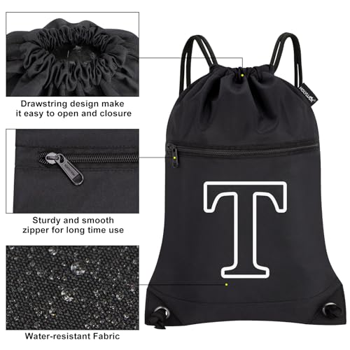 HOLYLUCK Drawstring Bags Initial Backpack Sackpack Cinch Bags for Sports, Gym, Travel, Beach(Black-T) - color: Black-t