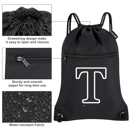 HOLYLUCK Drawstring Bags Initial Backpack Sackpack Cinch Bags for Sports, Gym, Travel, Beach(Black-T) - color: Black-t