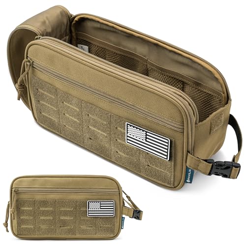 PAVILIA Tactical Toiletry Bag for Men, Water Resistant Molle Military Dopp Kit, Travel Hygiene Organizer with Wet Dry Storage for Shaving, Grooming, Gym and Camping, Tan XL - color: Tan, size: Extra Large