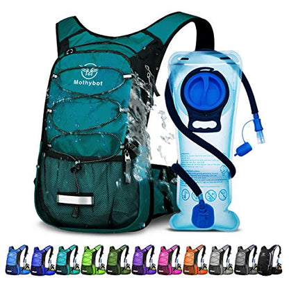 Mothybot Hydration Pack, Insulated Hydration Backpack with 2L BPA Free Water Bladder and Storage, Hiking Backpack for Men, Women, Kids for Running, Cycling, Camping - Keep Liquid Cool up to 5 Hours - color: Matte Emerald