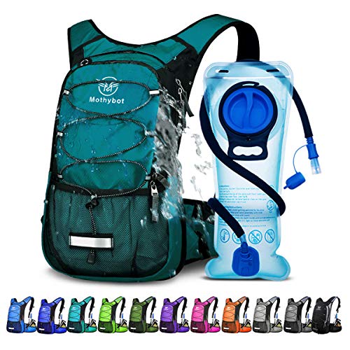 Mothybot Hydration Pack, Insulated Hydration Backpack with 2L BPA Free Water Bladder and Storage, Hiking Backpack for Men, Women, Kids for Running, Cycling, Camping - Keep Liquid Cool up to 5 Hours - color: Matte Emerald