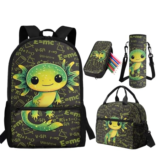 Math Axolotl Backpack for Kids Girls Backpack with Lunch Box Water Bottle Holder Pencil Case Pouch 4 in 1 Cute Backpacks for Girls Bookbag with Front Pocket Back to School Supplies - color: Axolotl Math