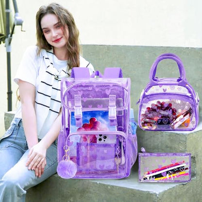 17" Clear Backpack for Girls, School Kids Transparent Bookbag Set, 3Pcs Stadium Approved See Through Backpack with Lunch Box (Purple) - color: Clear Love Purple Flip