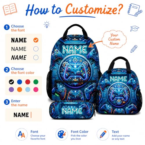Personalized Backpack Set for Boys Gaming School Bag for Kids Teens Gamer - 17 Inch Large Capacity Custom Name Bookbag with Lunch Box for Elementary Middle School - color: Blue