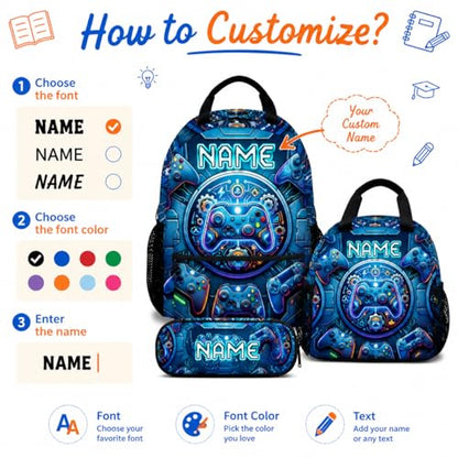 Personalized Backpack Set for Boys Gaming School Bag for Kids Teens Gamer - 17 Inch Large Capacity Custom Name Bookbag with Lunch Box for Elementary Middle School - color: Blue