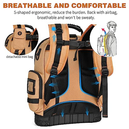 Tool Bag Backpack with 2 Canvas Tool Pouch Tool Kit, 75 Pockets & Loops Heavy Duty Tools Organizer/HVAC Tool Carrier for Eelectrician/Construction Work with Molded Base and Combination Lock, Brown - color: Brown2