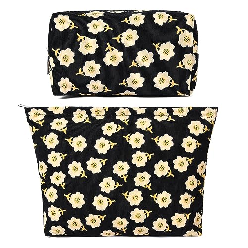 SOIDRAM 2 Pieces Flower Makeup Bag Large Cosmetic Bag Capacity Canvas Mix Travel Toiletry Bag Organizer Cute Makeup Brushes Aesthetic Accessories Storage Bag for Women, Flower Mix Black - color: Black Flower