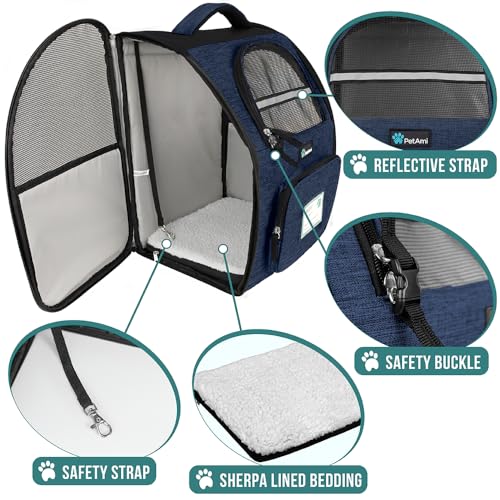 PetAmi Dog Backpack Carrier for Small Medium Dogs Large Cats up to 18 lbs, 2 Side Entry, Structured No-Collapse Frame, Airline Approved Ventilated Pet Backpack for Hiking Camping Travel Vet, Navy - color: Heather Navy