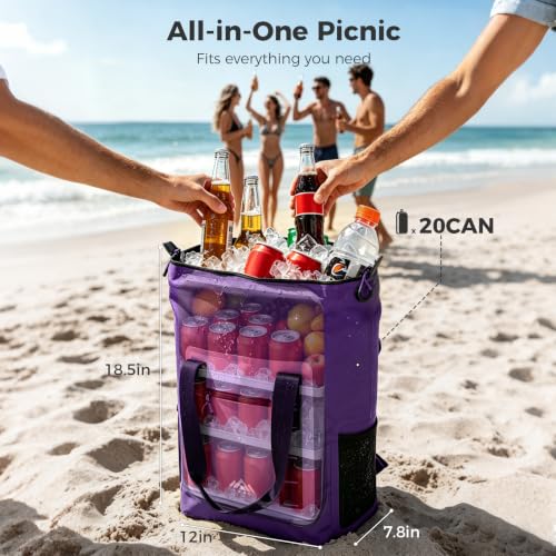 Lekesky Backpack Cooler, 30L Soft Lightweight Cooler Bag, Waterproof for Beach, Travel, Camping, Picnic, Hiking (20 CAN Grey) - color: Purple