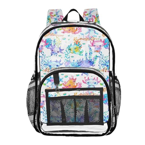 Watercolor Cute Axolotl Clear Backpack PVC Transparent School Backpack Lightweight Student Book Bags Capacity Clear Bag - color: Wishy-washy Blue