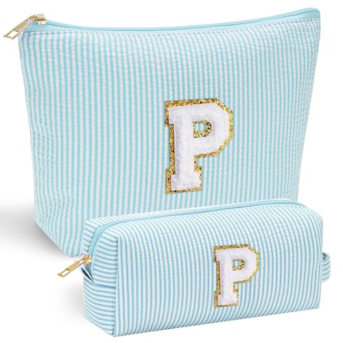 YOOLIFE Monogram Cute Initial Makeup Bag - Personalized Cosmetic Toiletry Pouch Make Up Case for Women, Her Best Friend, Sister, Teacher, Birthday Gifts - color: Light Green, style: P