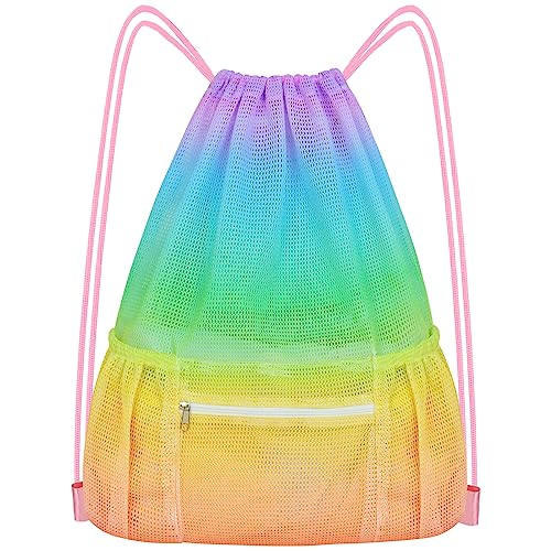 Mesh Drawstring Backpack, Large Sports Gym Bag for Women Kids with Pocket and Zipper Sackpack for Beach Yoga Football Soccer (Colorful) - color: Colorful
