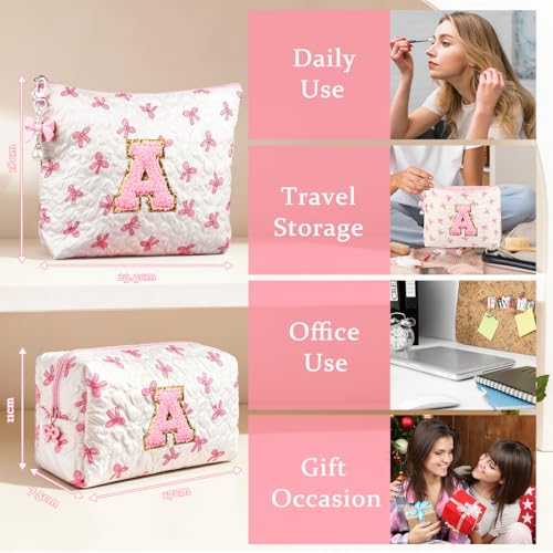 Initial Makeup Bag, Valentines Day Gifts for Women Teens Girls Birthday Gift Personalized Bow Cosmetic Bag, Quilted Cosmetic Travel Toiletry Pouch, Cute Makeup Organizer Teen Girl Gifts Trendy Stuff C - color: C