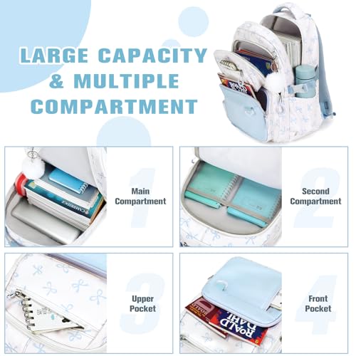 Bevalsa Backpack for Girls 3PCS Teen Girls Bow Backpack for School with Lunch Bag Pencil Case Blue Cute Kids Laptop Backpacks Bookbag for Elementary Middle High School College Student (Bow) - color: Blue Bow