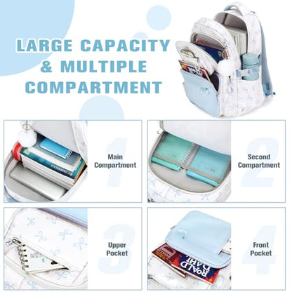 Bevalsa Backpack for Girls 3PCS Teen Girls Bow Backpack for School with Lunch Bag Pencil Case Blue Cute Kids Laptop Backpacks Bookbag for Elementary Middle High School College Student (Bow) - color: Blue Bow