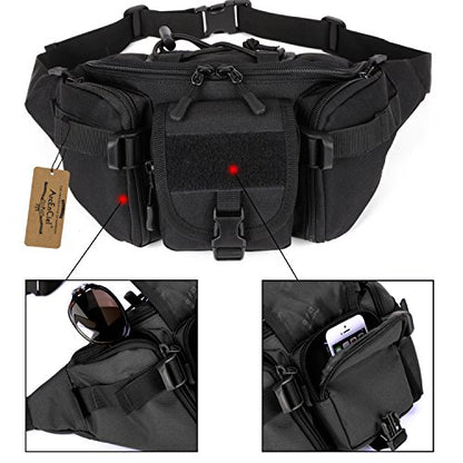 ArcEnCiel Tactical Fanny Pack for Men Women Waist Bag Hip Belt Outdoor Hiking Fishing Bumbag with Patch (Black) - color: Black