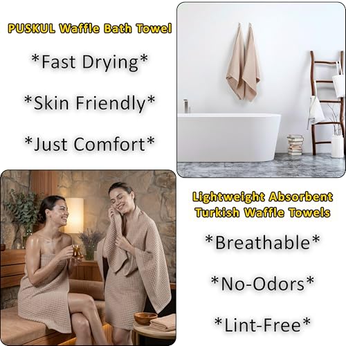 PÜSKÜL Natural 100% Turkish Cotton Waffle Bath Towels Set of 2-Piece | 32x63 inch Extra Large Absorbent Quick-Dry Lightweight Spa Towel | Luxury Sauna Accessories (Beige Bath Towels - Pack of 2) - color: Beige