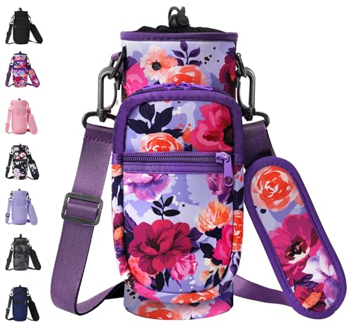 AceTreker 32 40 oz Water Bottle Carrier with Strap, Neoprene Water Bottle Sleeve Bag with 2 Pockets Insulated Flask Sling Holder for Walking Hiking Gym - color: A6. Purple Flower
