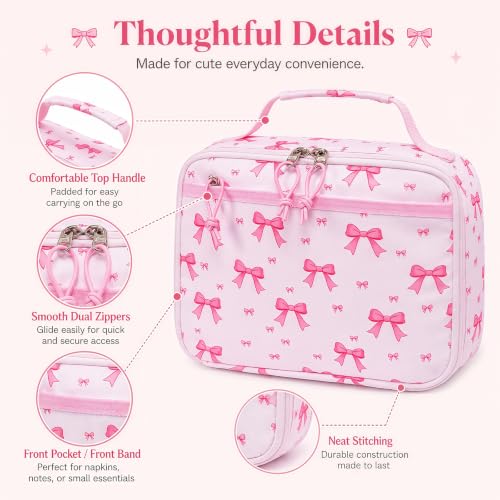 LEDAOU Kids Lunch Box - Insulated Reusable Lunch Box for Girls, Small Lightweight Water Resistant Snack Cooler Tote for Preschool, Kindergarten, School, Picnic and Hiking - color: Bow pink