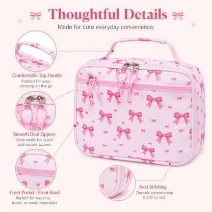 LEDAOU Kids Lunch Box - Insulated Reusable Lunch Box for Girls, Small Lightweight Water Resistant Snack Cooler Tote for Preschool, Kindergarten, School, Picnic and Hiking - color: Bow pink