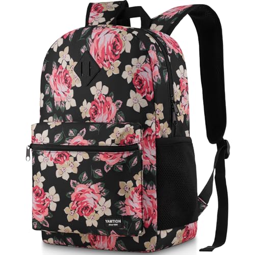 School Backpack,Classic Bookbag Women and Teen Girl Schoolbag with USB Port for High School College Office Work Travel - color: Black Flower, size: 15.6 inch