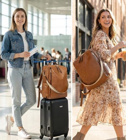 myfriday PU Leather Large Backpack Purse for Women Casual Travel Backpack Convertible Satchel Handbags With Luggage Strap (Brown) - color: Brown