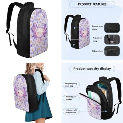 Flashideas Daisy Axolotl Backpack for Girls Kids Backpack with Lunch Box Stainless Steel Water Bottle and Water Bottle Bag 4Pcs Set 17" Large Capacity Elementary Bookbag with Compartments for School - color: Daisy Axolotl-4