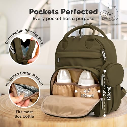 KeaBabies Diaper Bag Backpack - Small Multifunctional Travel Diaper Back Packs, Maternity Baby Changing Bags, 12L Capacity, PU Leather, Waterproof, Unisex, Nappy Changing Pad (Dark Olive, Small) - color: Dark Olive, style: Small / 13" H