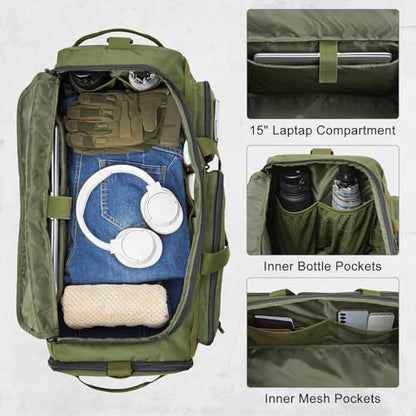 G4Free 3-in-1 Travel Duffle Bag for Men and Women, 50L Large Gym Sports Bags Tactical Military Duffle Backpack with Shoes Compartment and Wet Pocket (Green) - color: Army Green