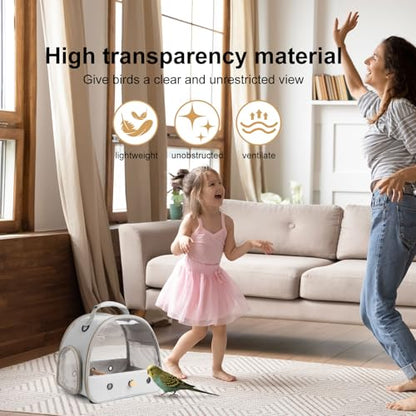 Bird Carrier, Portable Small Bird Parrot Parakeet Carrier with Standing Perch and Stainless Steel Tray, Side Access Window Collapsible (Grey, Clear Windows) - color: Grey