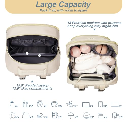 MOMUVO Diaper Bag Backpack, Quilted Baby Bag with Changing Pad and Stroller Straps and Pacifier Case, Multifunction Waterproof Travel Diaper Bags, Unisex, Beige - color: Beige