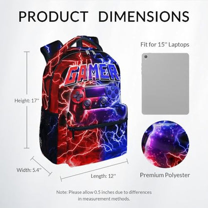 UNIKITTY Gamer School Backpack for Boys, 17 Inch Large Capacity Video Game Bookbag with Pockets for Kids Teens Students - color: Multicolor