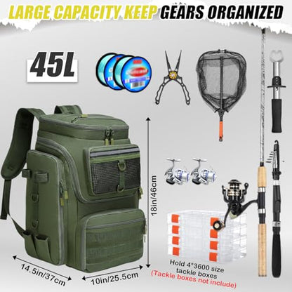 HAMBOLY Fishing Backpack 45L with Rod Holders, Water-Resistant Tackle Backpack for Fishermen, Large Capacity Fishing Gear Bag for Travel Hiking Camping - color: Army Green