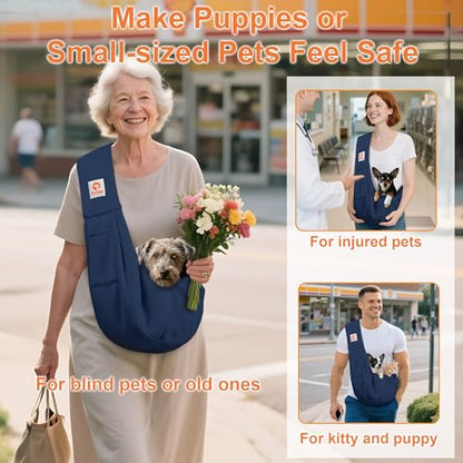 Tomkas Small Dog Cat Sling Carrier Puppy Purse Travel Wrap Soft Crossbody Pet Bag (Dark Blue, M - Classic Pocket & Classic Strap) - color: Dark blue