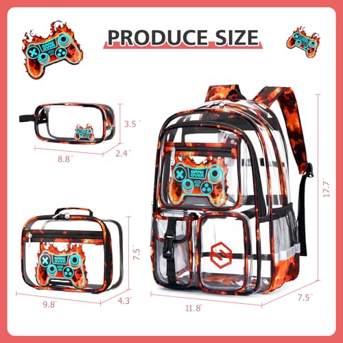 DIGOBAY 3PCS Cool Luminous Clear Backpack for Boys Kids, Gamer Clear Bookbag for School, See Through PVC Transparent Backpacks with Lunch Bag Pencil Case, Backpack Heavy Duty for School Stadium - color: Red Flame