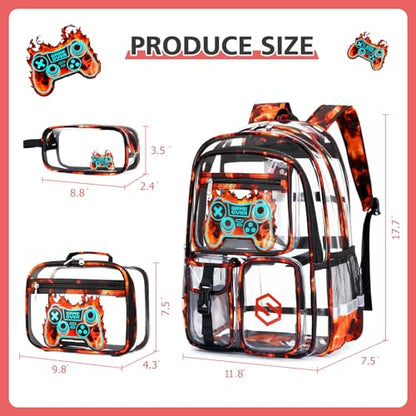 DIGOBAY 3PCS Cool Luminous Clear Backpack for Boys Kids, Gamer Clear Bookbag for School, See Through PVC Transparent Backpacks with Lunch Bag Pencil Case, Backpack Heavy Duty for School Stadium - color: Red Flame
