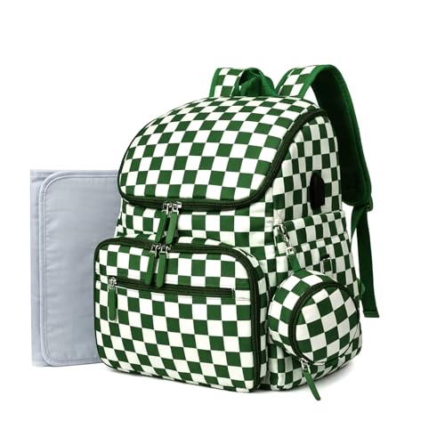 FHELAD Checkered Diaper Bag Backpack with Changing Pad & Stroller Clips, Large Travel Baby Diaper Bag for Newborn Moms, Baby Shower Gifts (Dark Green) - color: Dark Green