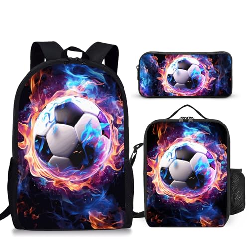 Soccer Backpack Set for School, 17 Inch Casual School Bags with Lunch Box, Kids Daypack Bags and Pencil Case Set for Teens Boys Men Students - color: Soccer
