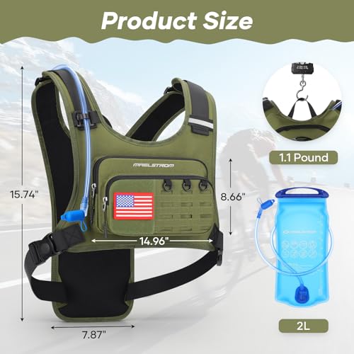 Maelstrom Hydration Vest with 2L Water Bladder Backpack for Running Hiking | Chest Pack, BPA-free, High Flow Bite, Reflective Stripe, Helmet Buckle, Detachable, Breathable Pad, for Cycling, Marathon - color: Army Green