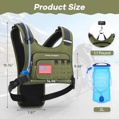 Maelstrom Hydration Vest with 2L Water Bladder Backpack for Running Hiking | Chest Pack, BPA-free, High Flow Bite, Reflective Stripe, Helmet Buckle, Detachable, Breathable Pad, for Cycling, Marathon - color: Army Green