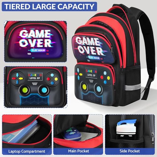 School Backpack for Boys - Gamer Boys Backpack for Kids Children Teens Elementary Middle School - 17″ Video Game Bookbag Travel Back Pack for Age 6-18 - color: Gamer Red-backpack Only