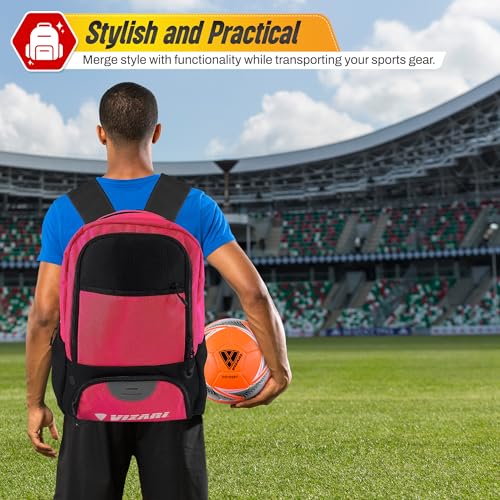 Vizari Soccer Backpack Soccer Bag | Water resistant Durable Equipment Bag for Football, Basketball, Volleyball | Cleats and Ball Compartment - Red,Blue,Pink,Black - color: Black/Neon Pink