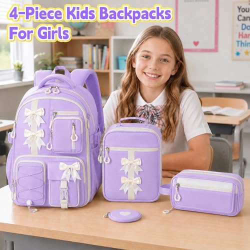 Girls Backpack with Lunch Box Set, 4 PCS Cute Kawaii School Bookbag for Elementary Girls, Purple Aesthetic Large Laptop Backpack for Kids & Teens - color: Purple
