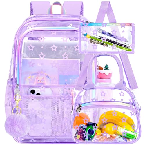 gxtvo 3PCS Clear School Backpack Heavy-Duty Set for Women & Teen Girls, 17" Purple See Through Bookbag with Rainbow Strap, Cute Star Transparent Bag - color: Purple Star Rainbow Clear Backpack Set