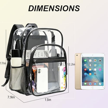 gdbis Clear Backpacks for School - 17 Inch Extra Large Transparent Heavy Duty Clear Bookbag for Boys & Girls See Through PVC School Backpack with 2 Front Pockets for Work, College, Concert, Black