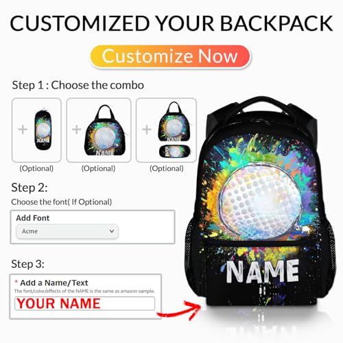 Kids Boys School Backpack Personalized Golf Backpacks Bookbag Back to School Supplies, 17 Inches Custom Name Cool Sport Back Pack for Travel Camping Casual (Black) - color: Color 7-1