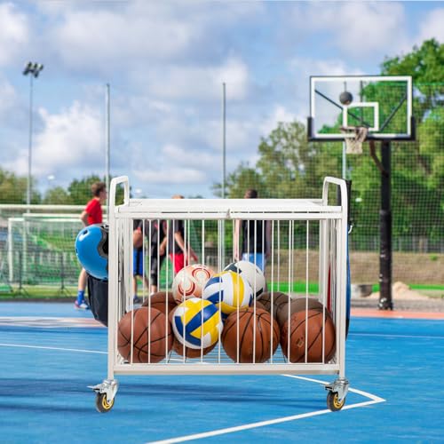 MyGift Large Capacity Metal Rolling Multi Sports Ball Cage Storage Hopper, Gym Equipment Basket Cart with Lockable Latch, Heavy Duty Caster Wheels, and 8 Accessory Hooks - color: White