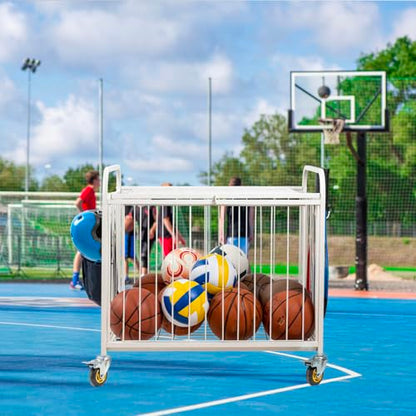 MyGift Large Capacity Metal Rolling Multi Sports Ball Cage Storage Hopper, Gym Equipment Basket Cart with Lockable Latch, Heavy Duty Caster Wheels, and 8 Accessory Hooks - color: White