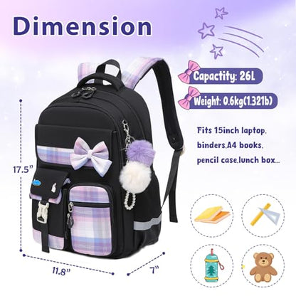 Alrisg Girls School Backpack Preppy Plaid Bookbag Lightweight Backpack for Girls Elementary Middle School Bow Black - color: Black, size: 17in