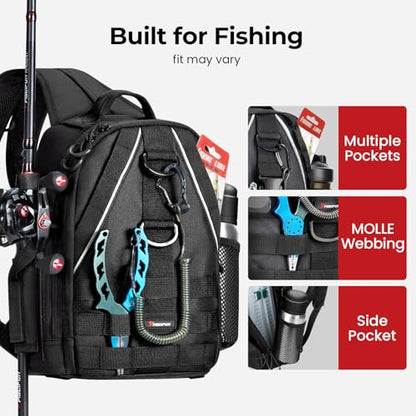 Piscifun Fishing Backpack with Rod Holder, Lightweight Sling Bag Storge Gear and Equipment - color: Black, size: Large, style: Latch